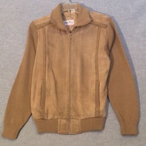 MISTER MAN Bomber Style Knit and Leather Zip Sweater Stretch Sleeve and Back